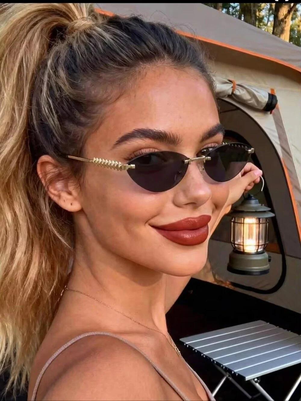 Gold-Trim Black Lens Rimless Cat Eye Sunglasses